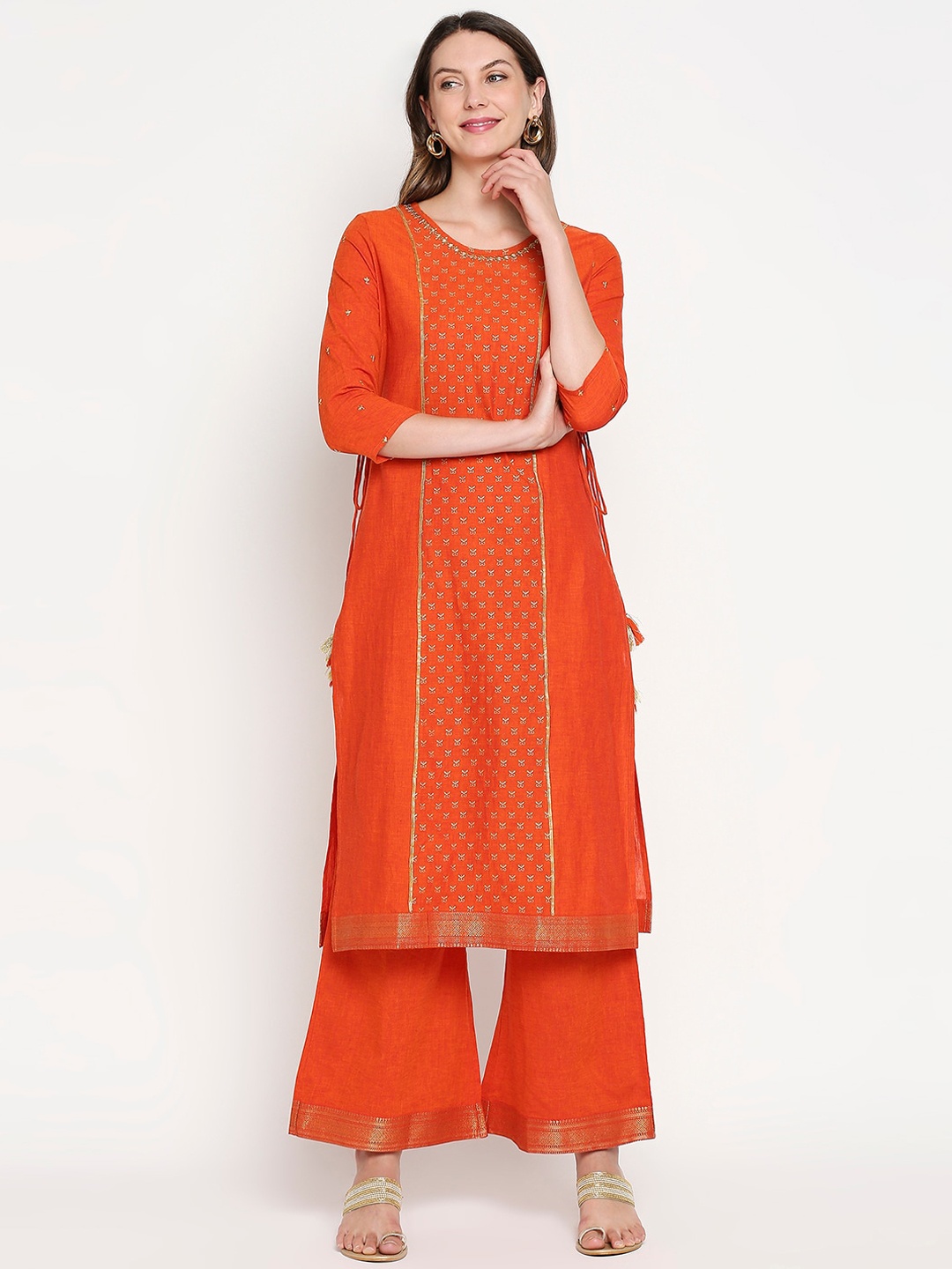 

Lobaanya Women Orange Geometric Printed Mirror Work Kurta
