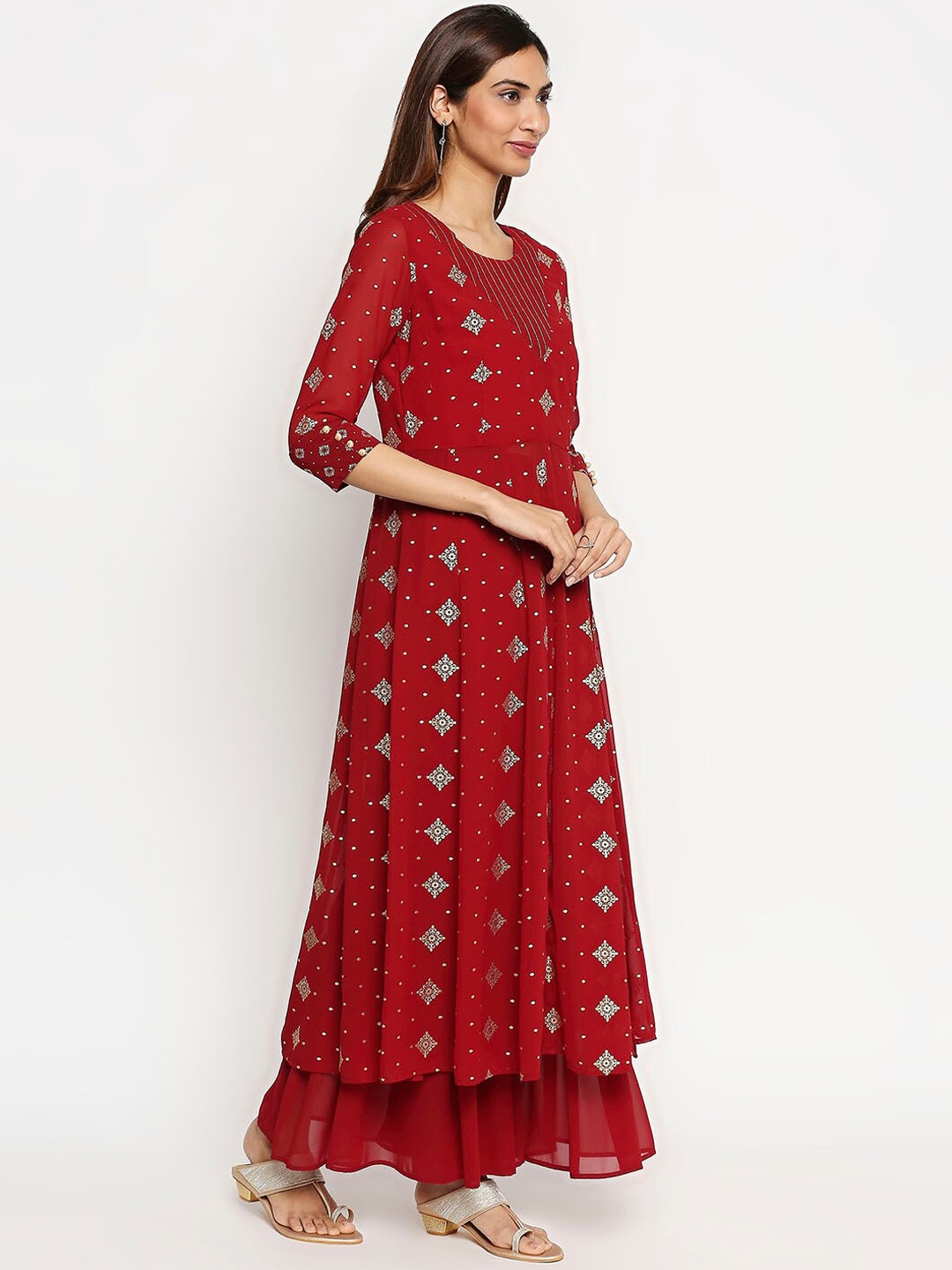 

Lobaanya Women Maroon & Gold-Toned Geometric Printed Georgette Anarkali Kurta