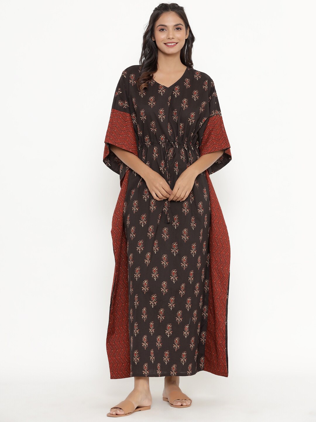 

JISORA Women Black Printed Kaftan Nightdress