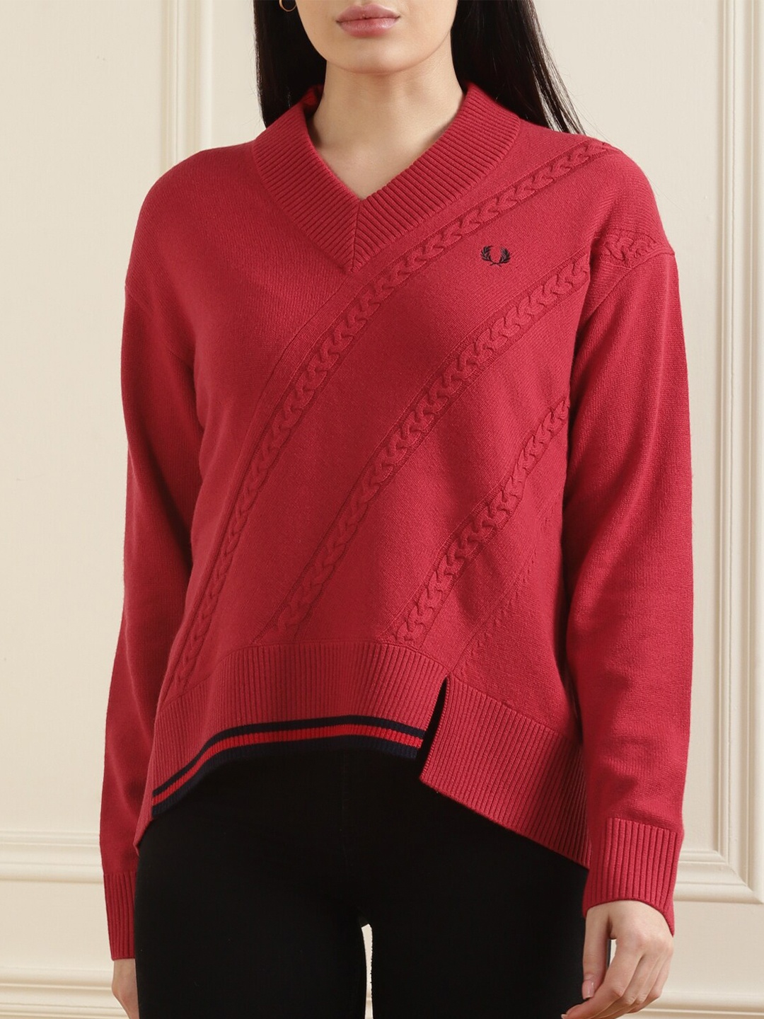 

Fred Perry Women Red Cable Knit Pure Cotton Pullover