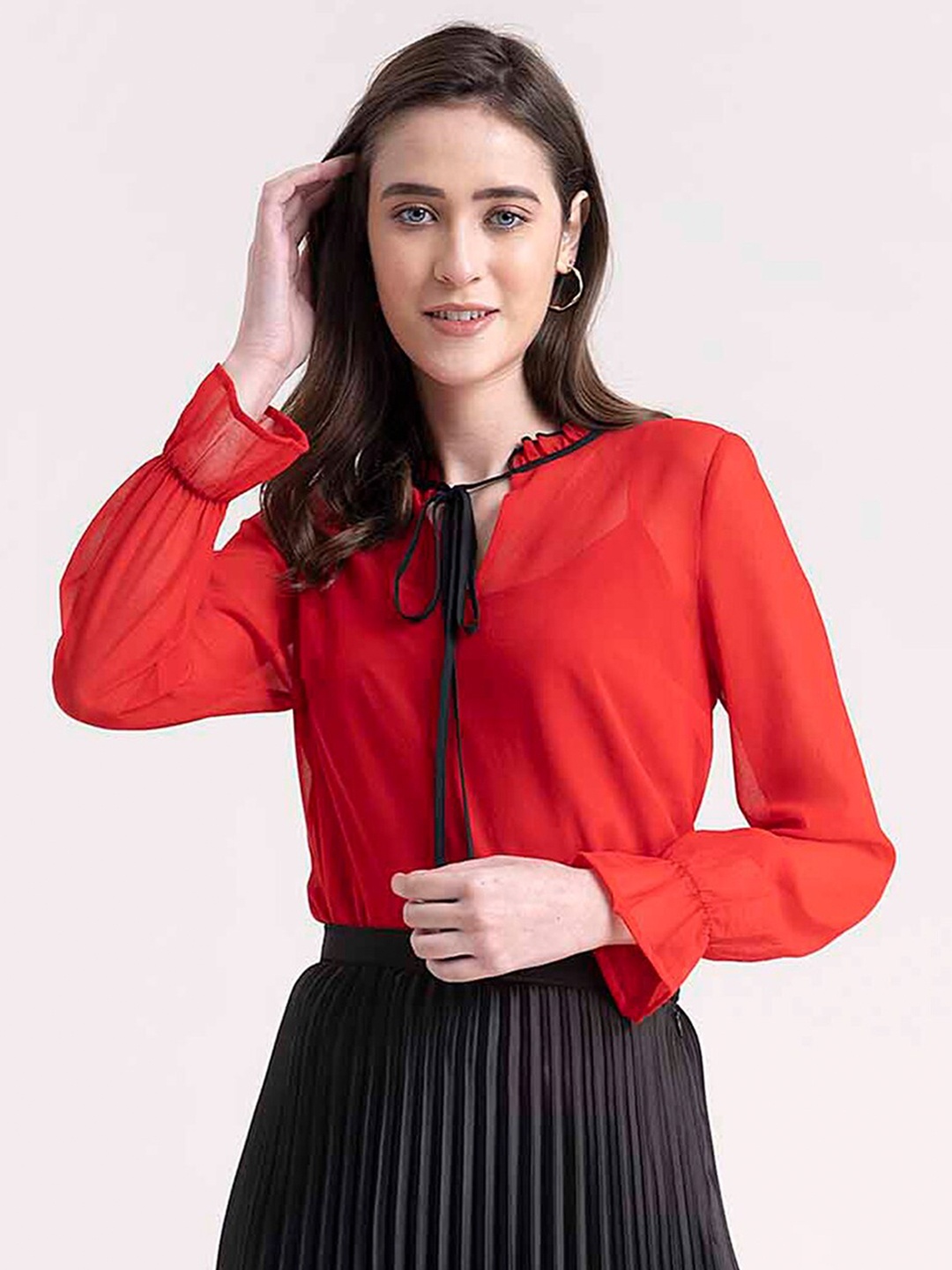 

FableStreet Red Tie-Up Neck Top