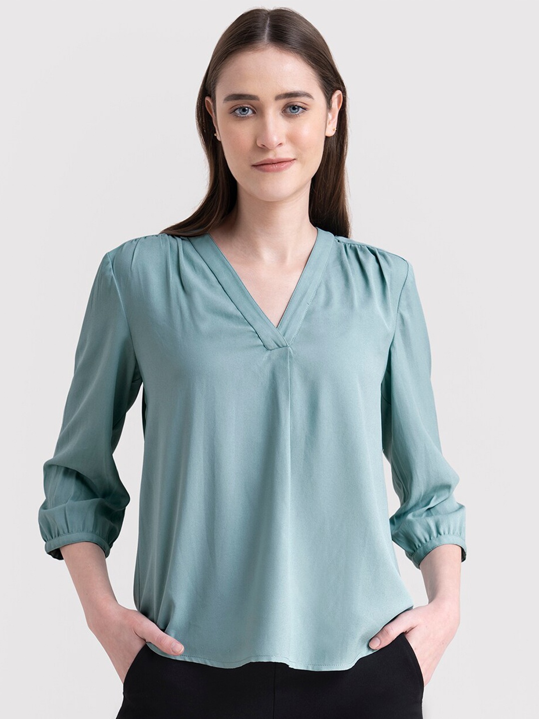 

FableStreet Green Puff Sleeves A-line Top