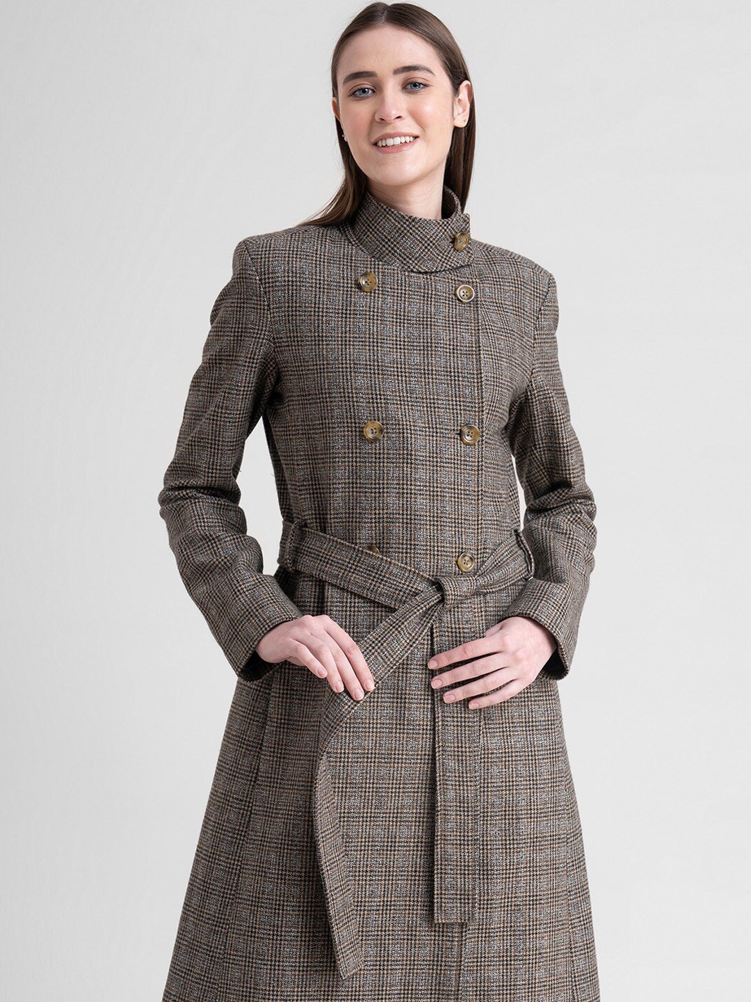 

FableStreet Women Brown Checked Longline Tailored Jacket