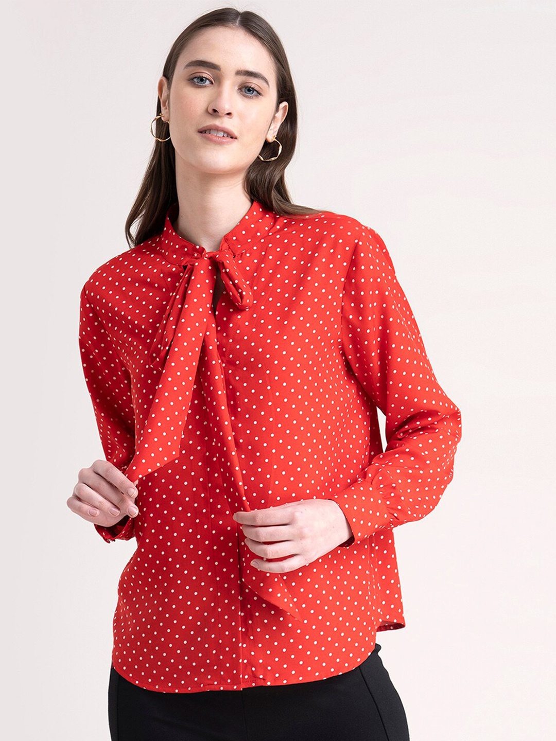 

FableStreet Red Polka Dots Print Tie-Up Neck Top