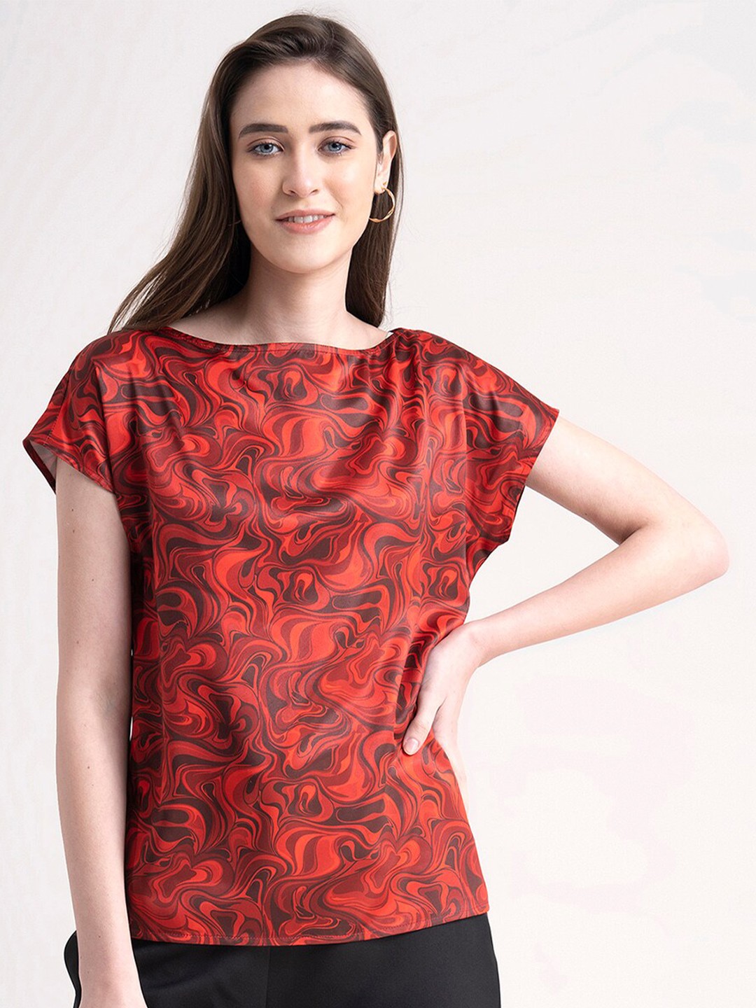 

FableStreet Red Print Extended Sleeves Satin Top