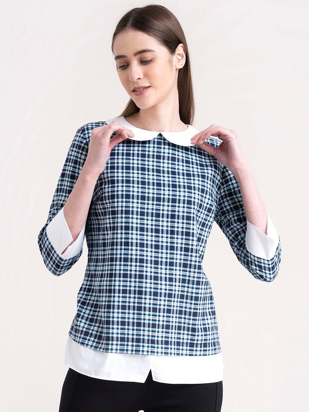 

FableStreet Navy Blue & White Checked Peter Pan Collar Top