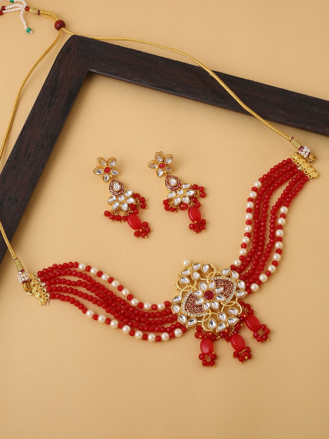 

VIRAASI Gold-Plated Red & White Kundan-Studded Embellished Choker Jewellery Set