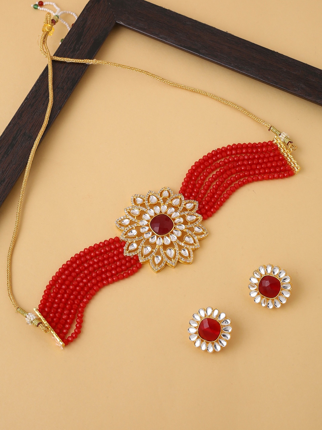 

VIRAASI Gold-Toned & Red Kundan-Studded Traditional Jewellery Set