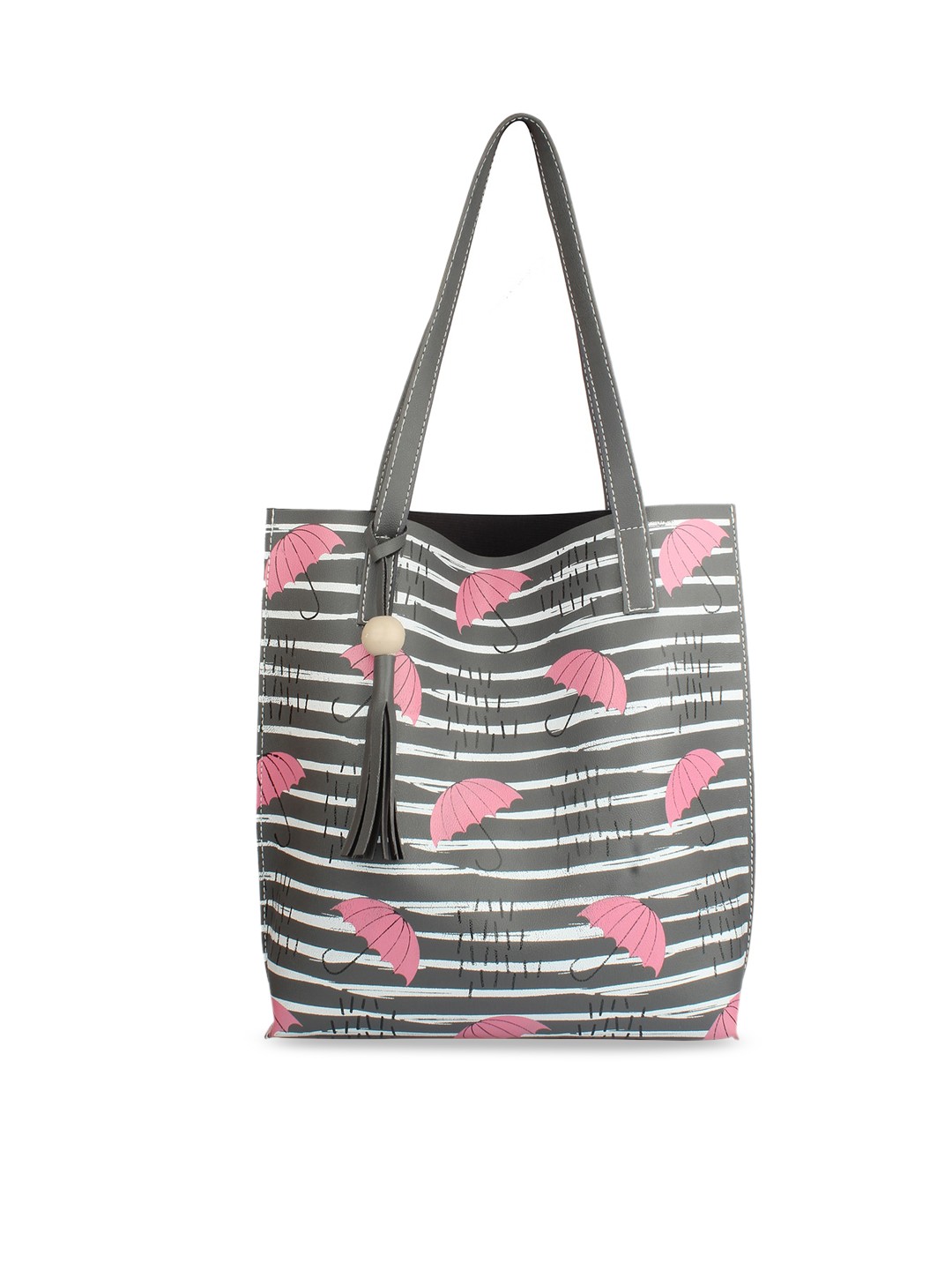 

MAMMON Grey Striped PU Shopper Tote Bag with Tasselled
