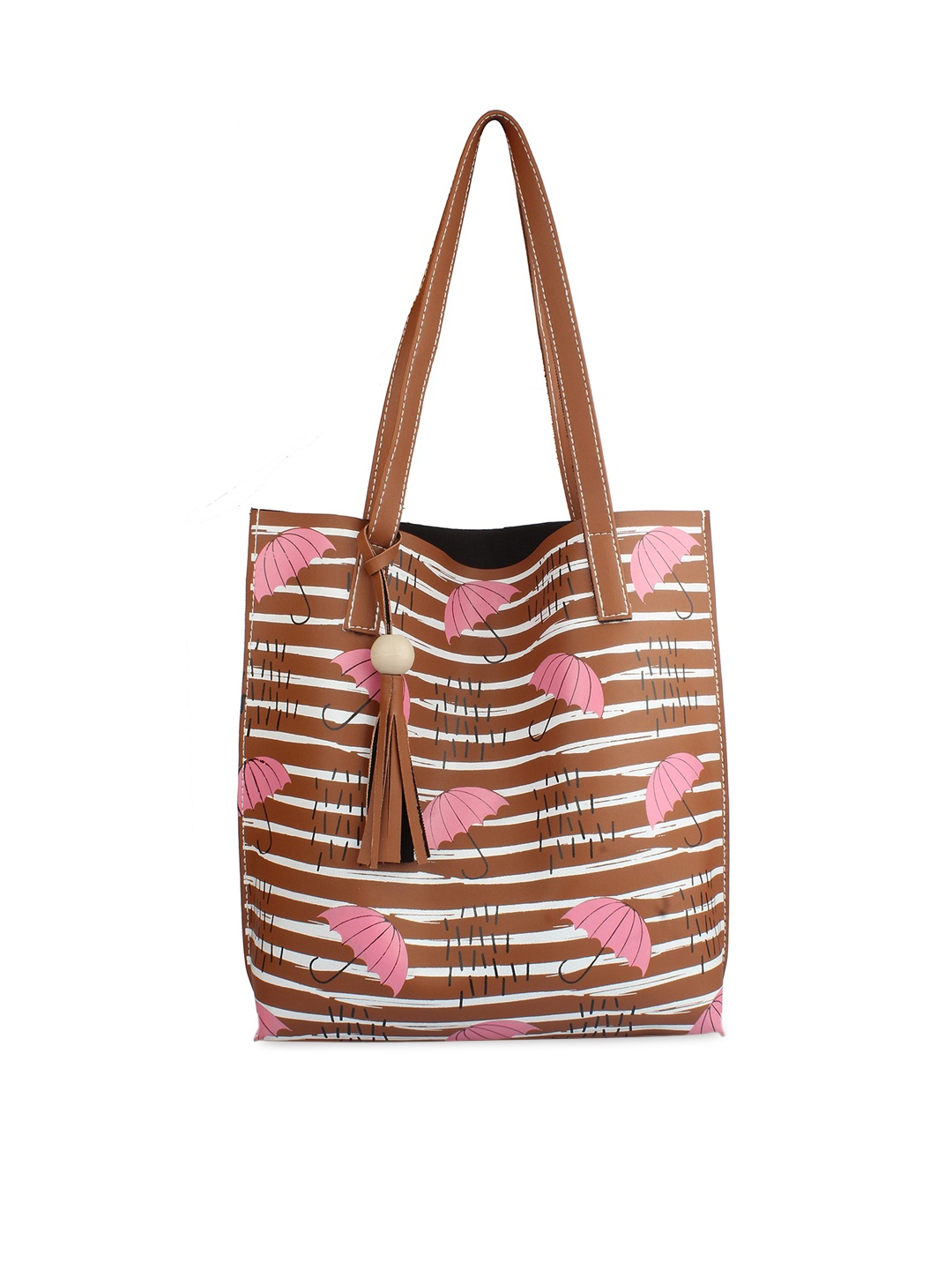

MAMMON Brown Striped PU Structured Handheld Bag with Fringed