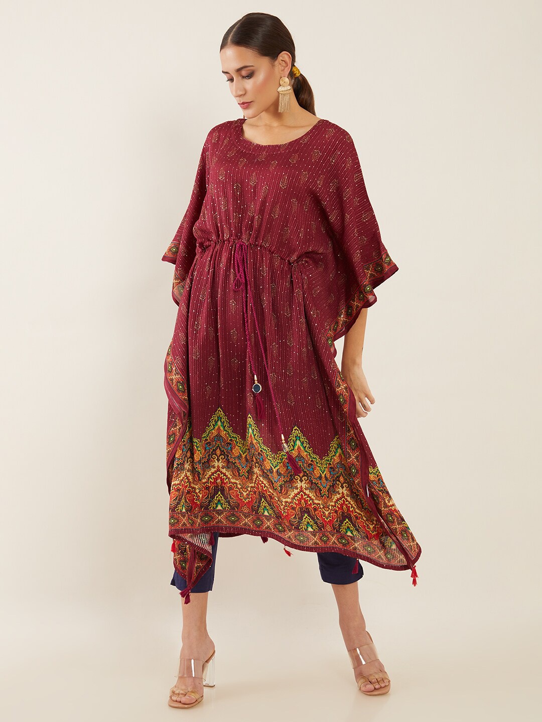 

Soch Women Maroon & Green Ethnic Motifs Digital Print Extended Sleeves Cotton Kaftan Kurta