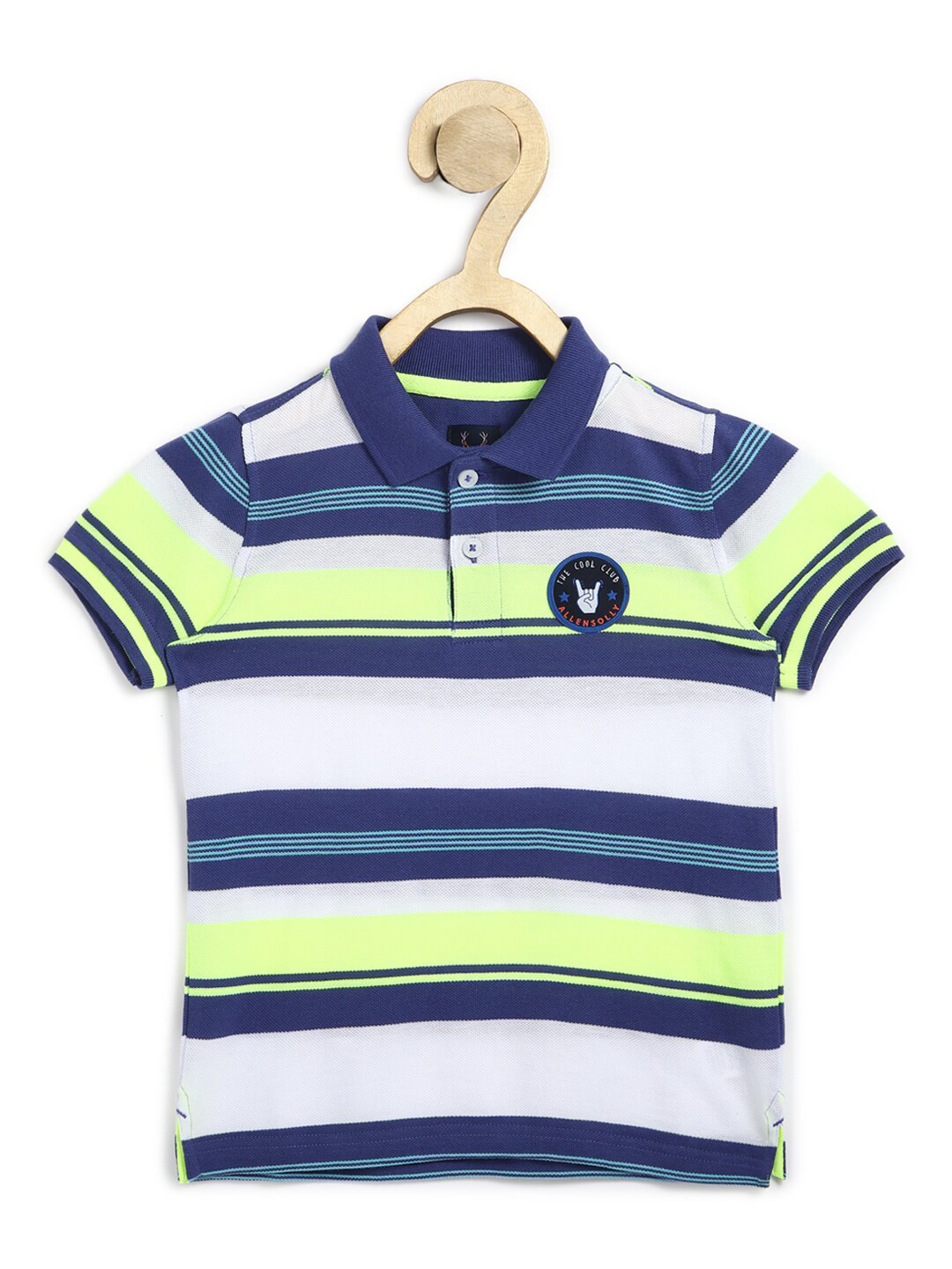 

Allen Solly Junior Boys Navy Blue Striped Polo Collar Pure Cotton T-shirt