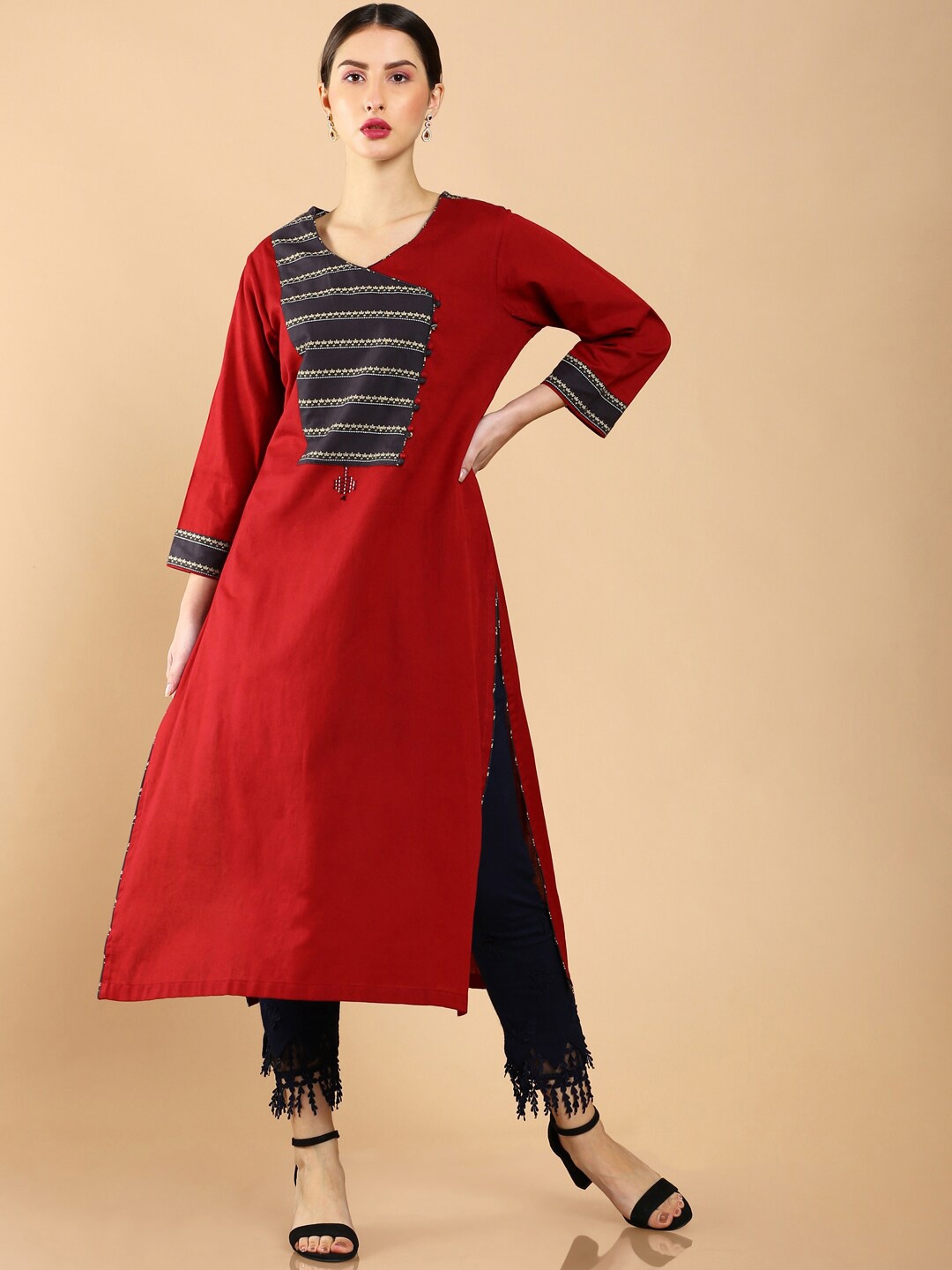 

Soch Women Maroon & Navy Blue Geometric Printed A-line Cotton Angrakha Kurta