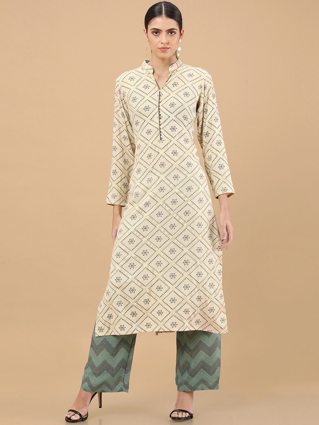 

Soch Women Beige Printed Kurta with Palazzos