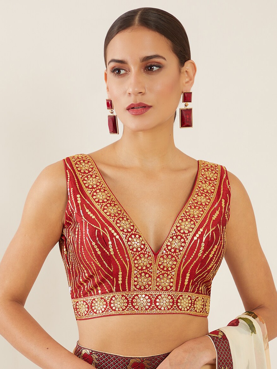 

Soch Women Maroon & Gold-Coloured Embellished Saree Blouse