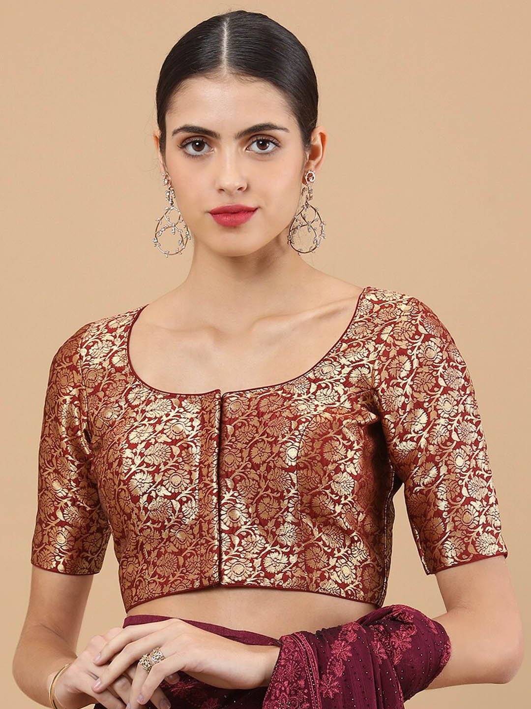 

Soch Women Maroon & Gold-Coloured Woven Design Saree Blouse
