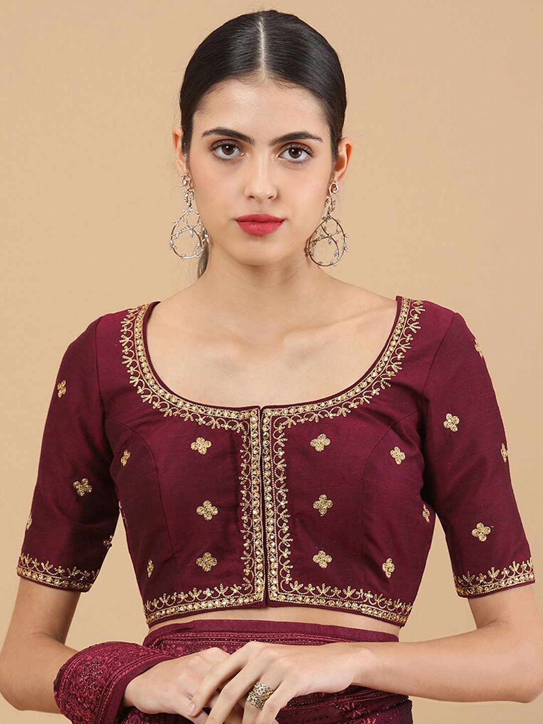 

Soch Women Burgundy & Gold-Coloured Embroidered Saree Blouse