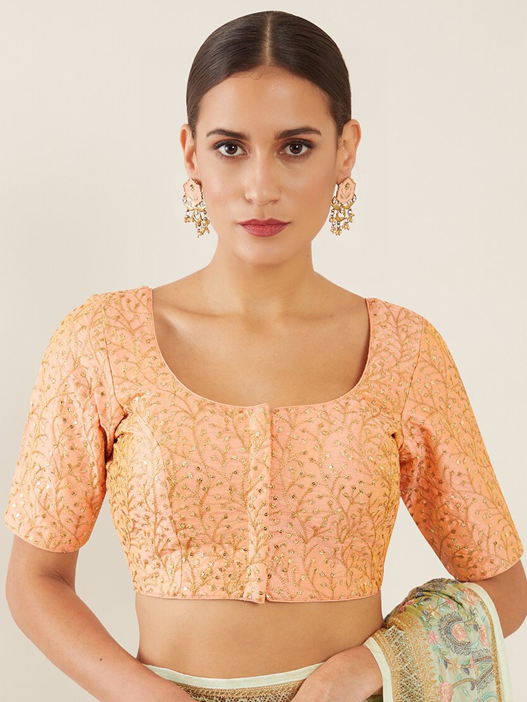 

Soch Women Peach-Coloured & Gold-Coloured Embroidered Saree Blouse
