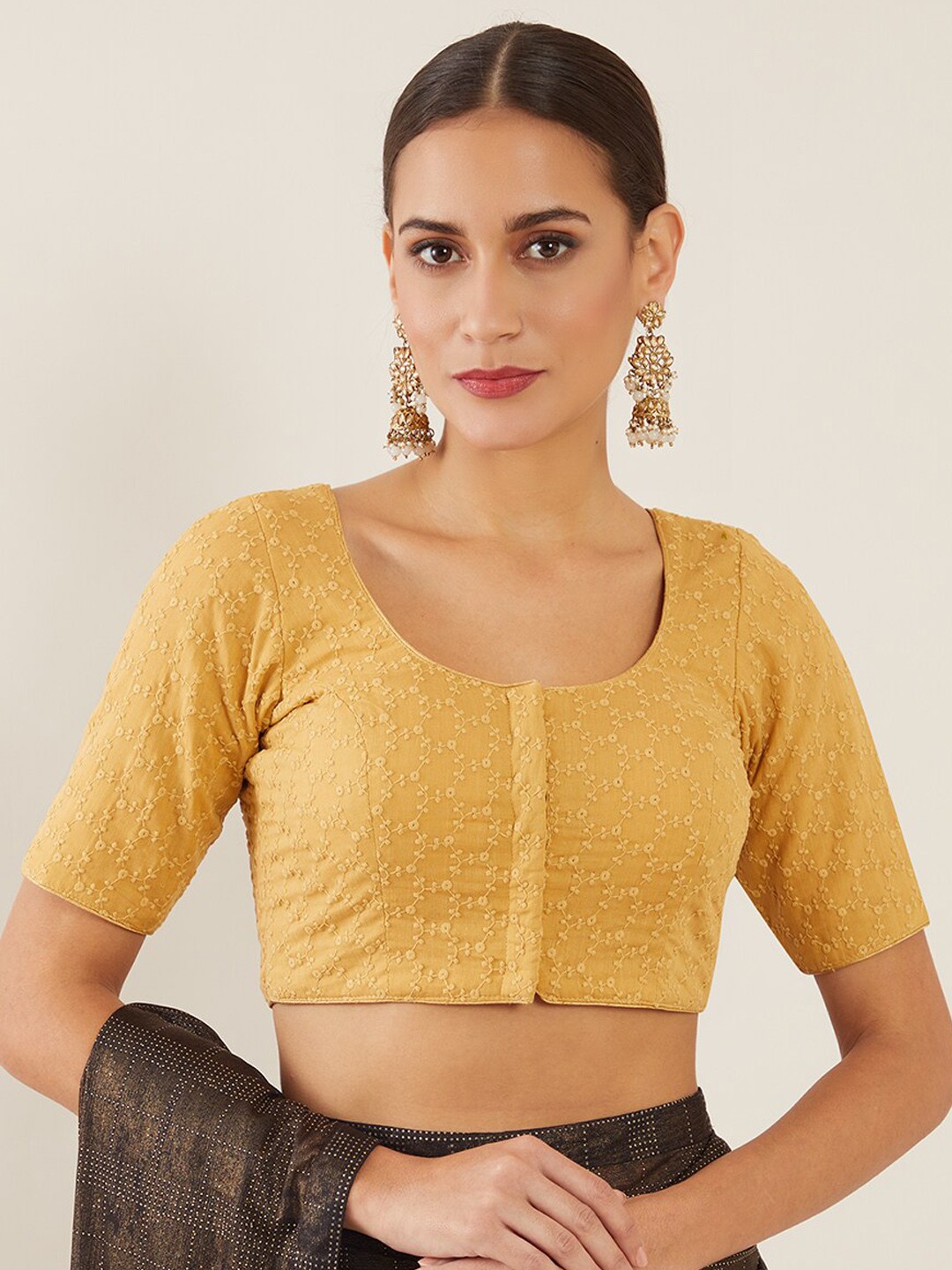 

Soch Women Yellow Chikankari Embroidered Cotton Saree Blouse
