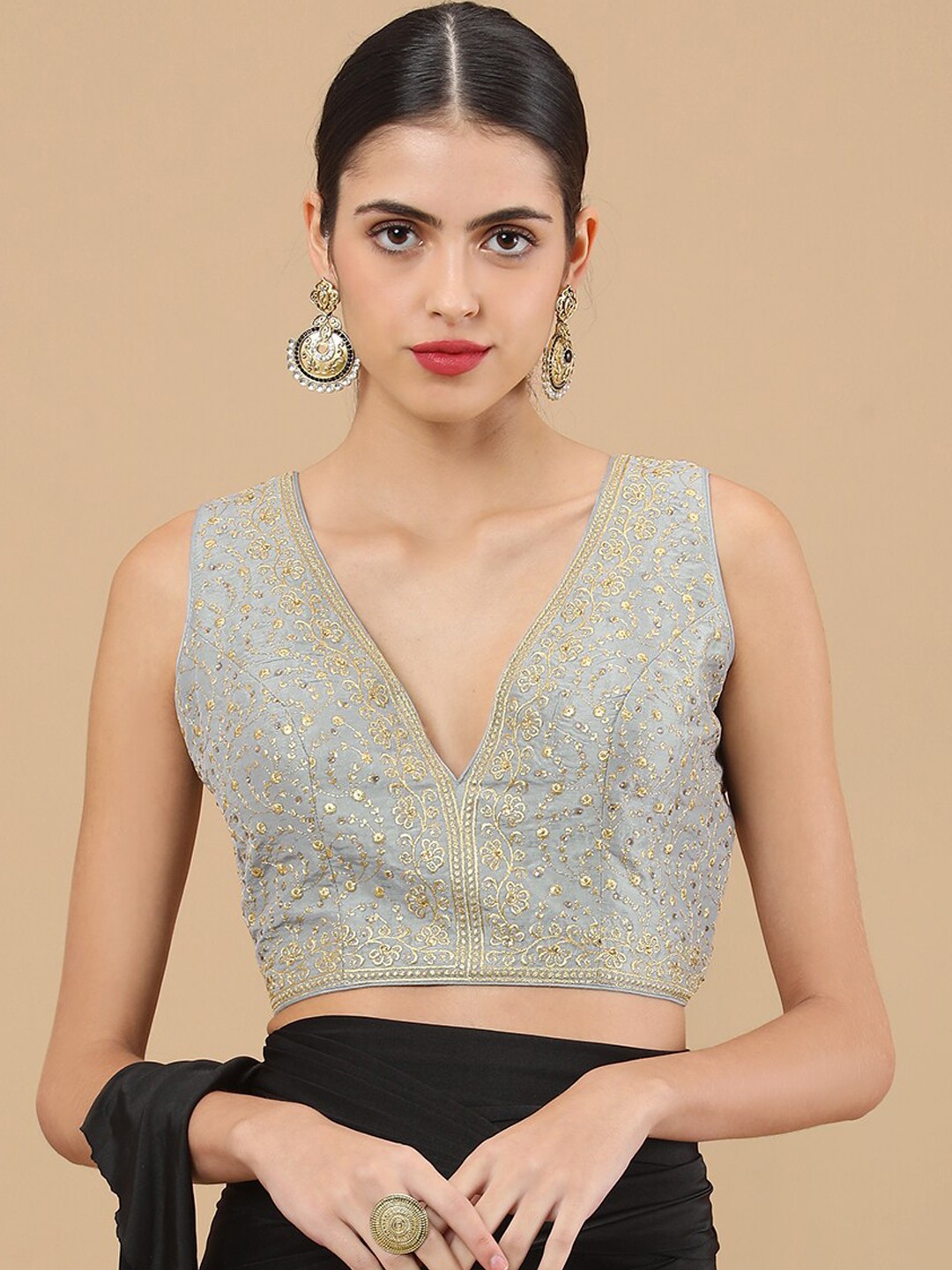 

Soch Women Grey & Gold-Coloured Embroidered Saree Blouse