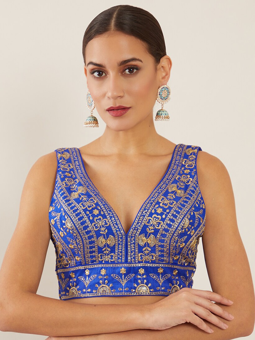 

Soch Women Blue & Gold-Coloured Embroidered V-neck Saree Blouse