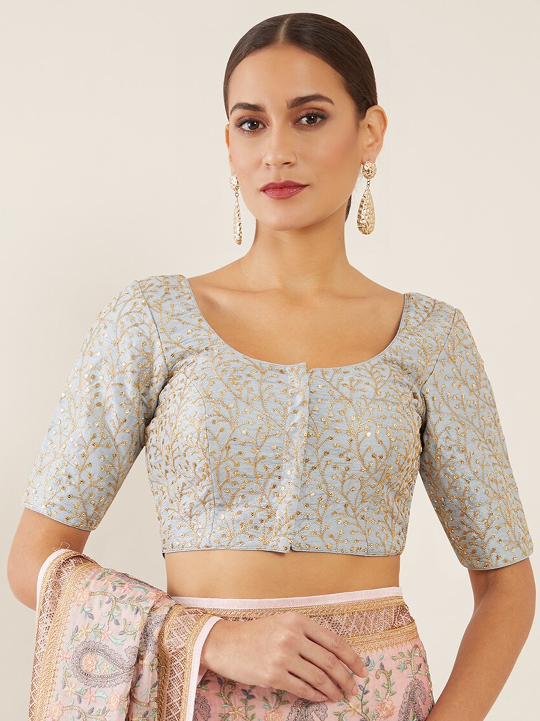 

Soch Women Grey & Gold-Coloured Embroidered Saree Blouse