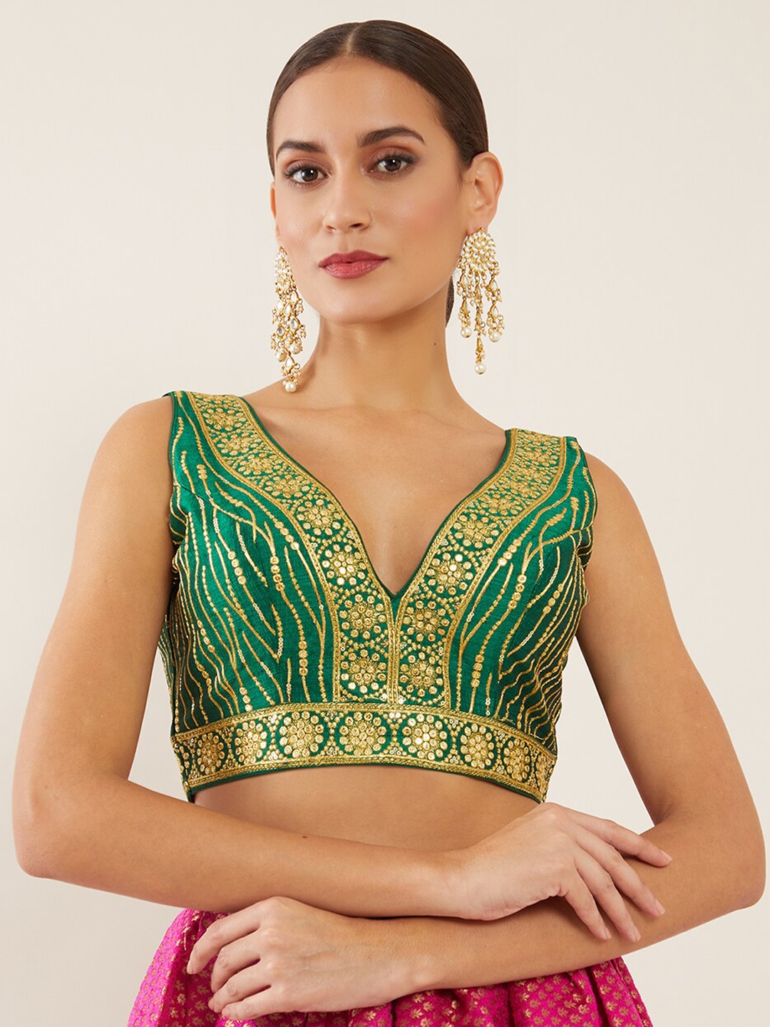

Soch Women Green & Gold-Coloured Embellished Saree Blouse