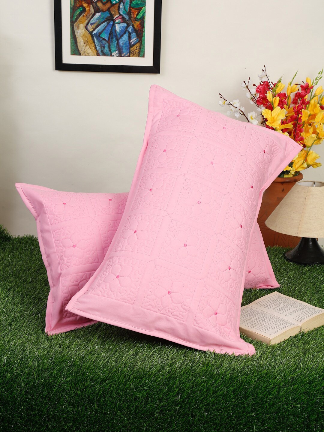 

HOSTA HOMES Set Of 2 Pink Embroidered Pure Cotton Pillow Covers