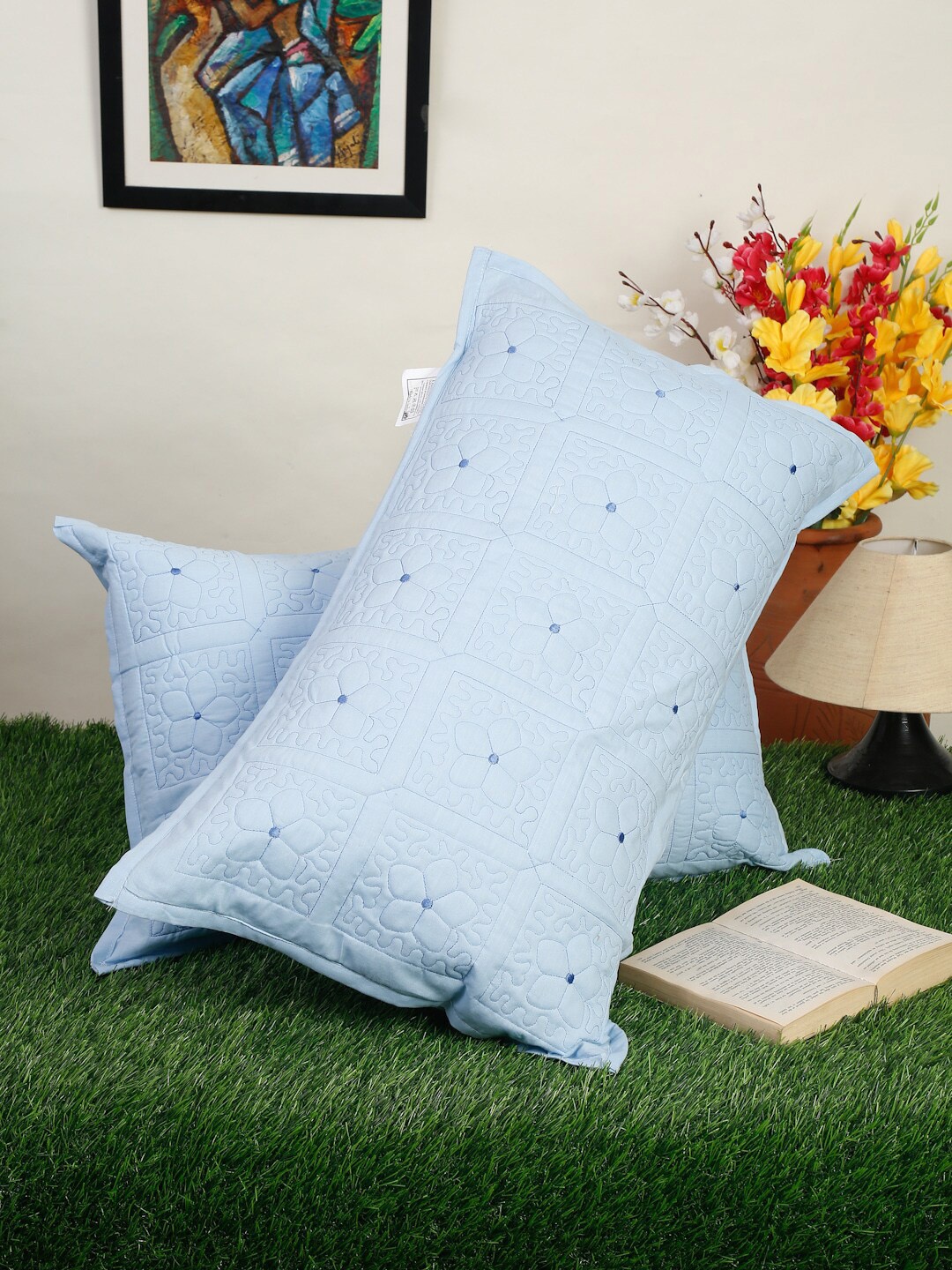 

HOSTA HOMES Set of 2 Blue Embroidered Pure Cotton Pillow Covers