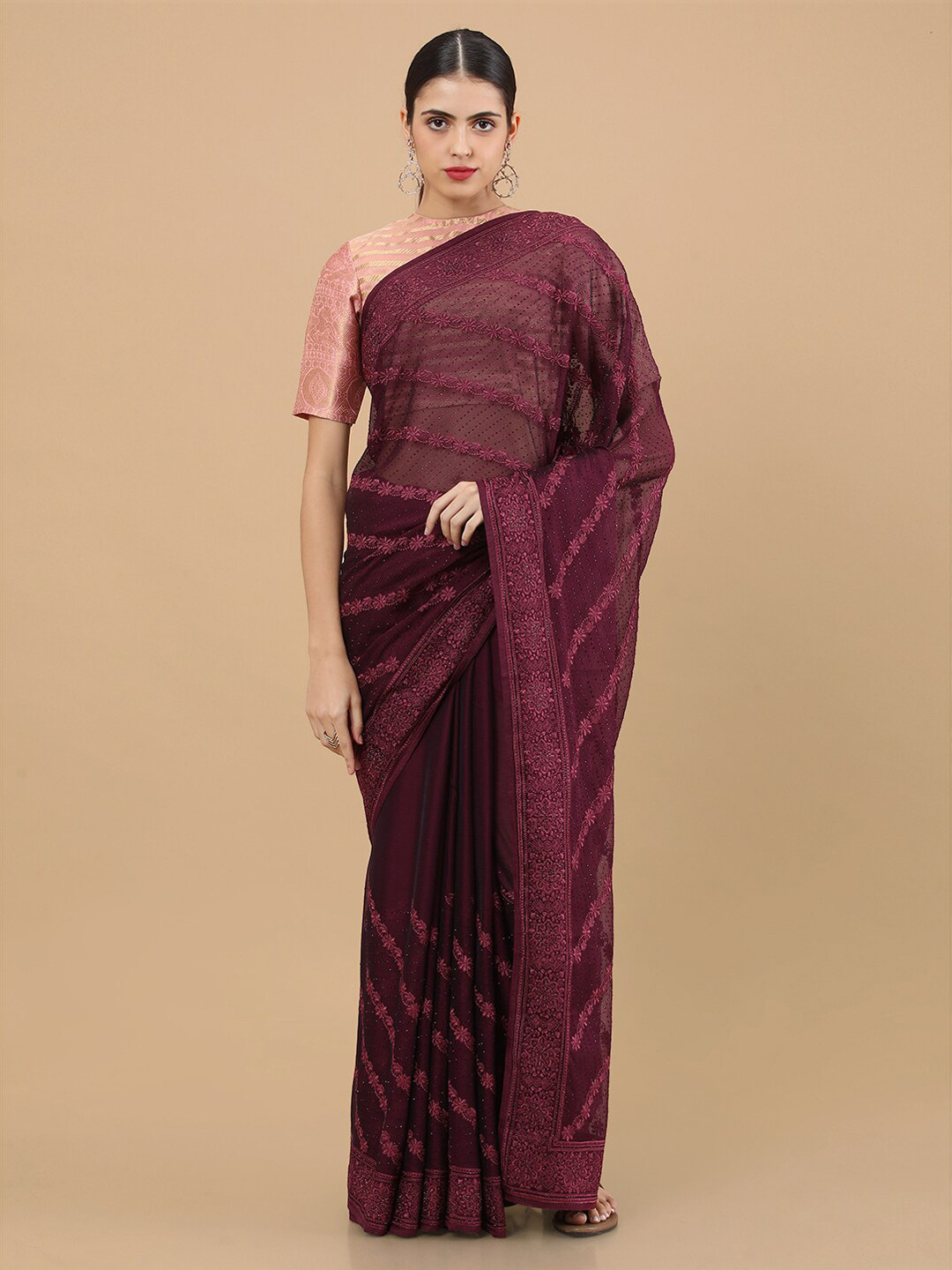 

Soch Burgundy Embroidered Chiffon Saree, Brown