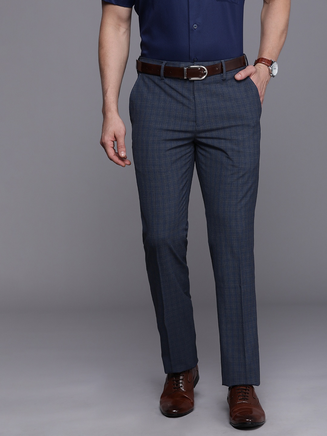 

Louis Philippe Men Navy Blue Checked Slim Fit Formal Trousers