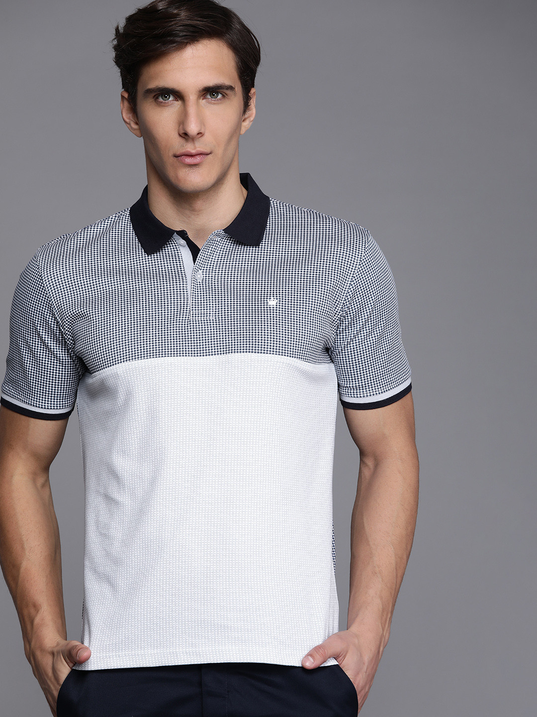 

Louis Philippe Men White & Grey Printed Polo Collar T-shirt