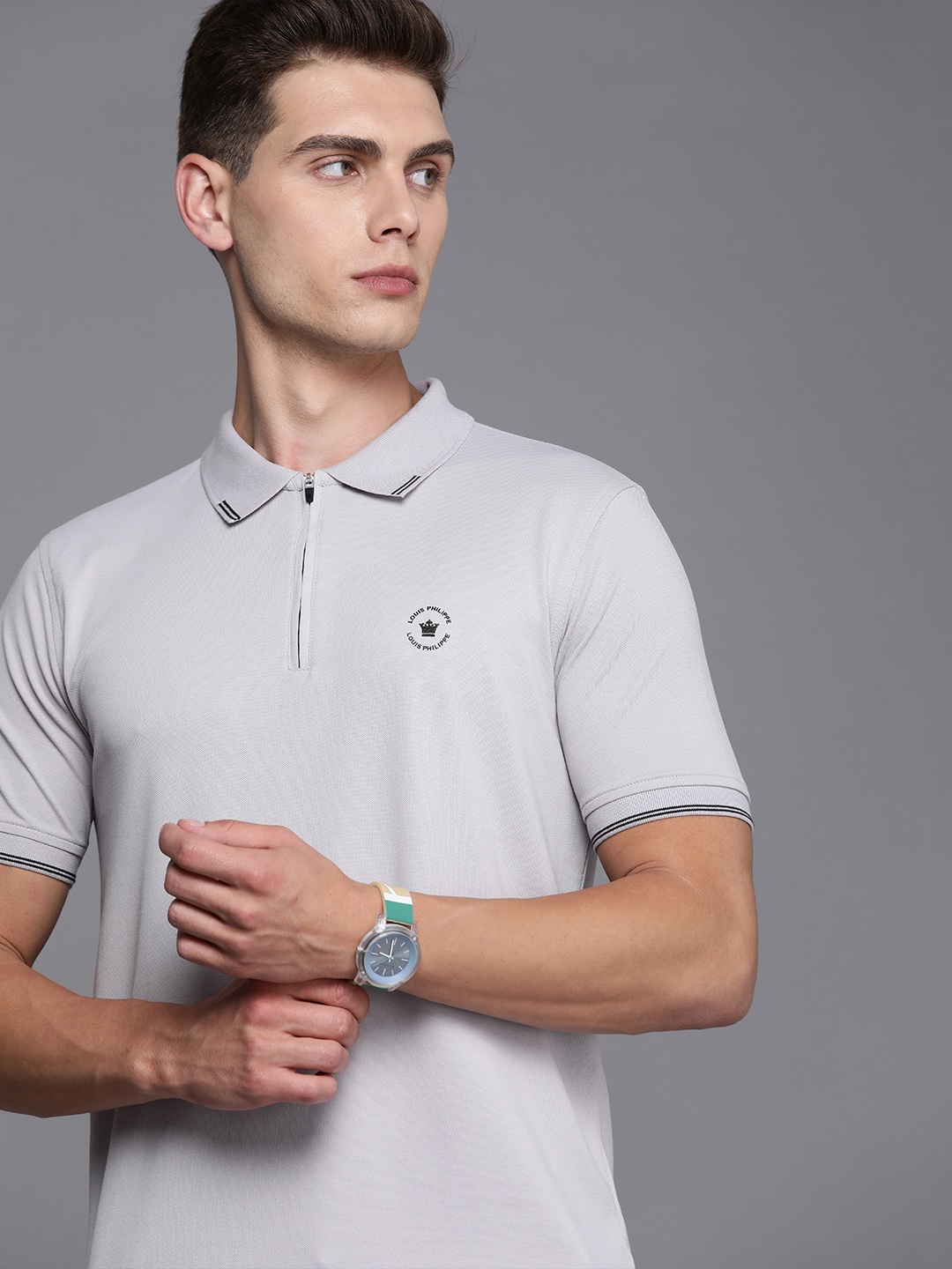 

Louis Philippe Men Grey Solid Polo Collar Regular Sleeves Regular Fit T-shirt