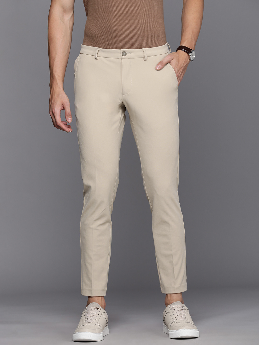 

Louis Philippe Ath Work Men Khaki Comfort Tapered Fit Low-Rise Trousers