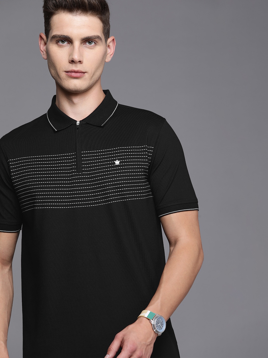 

Louis Philippe Men Black Striped Polo Collar Regular Sleeves Regular Fit T-shirt