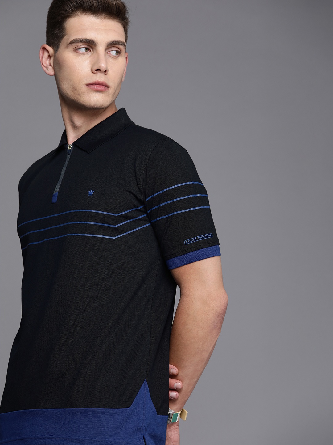 

Louis Philippe Men Navy Blue Striped Polo Collar Regular Sleeves Indigo T-shirt