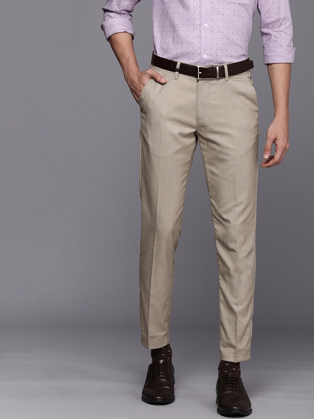 

Louis Philippe Ath.Work Men Khaki Checked Comfort Tapered Fit Formal Trousers