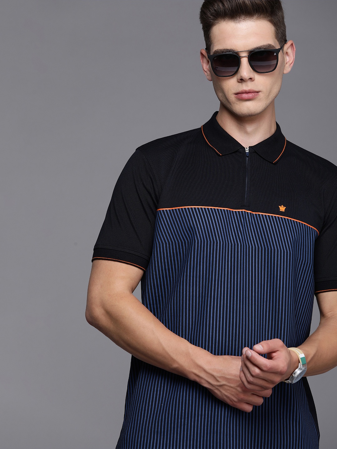 

Louis Philippe Men Navy Blue Striped Polo Collar Regular Sleeves Indigo T-shirt