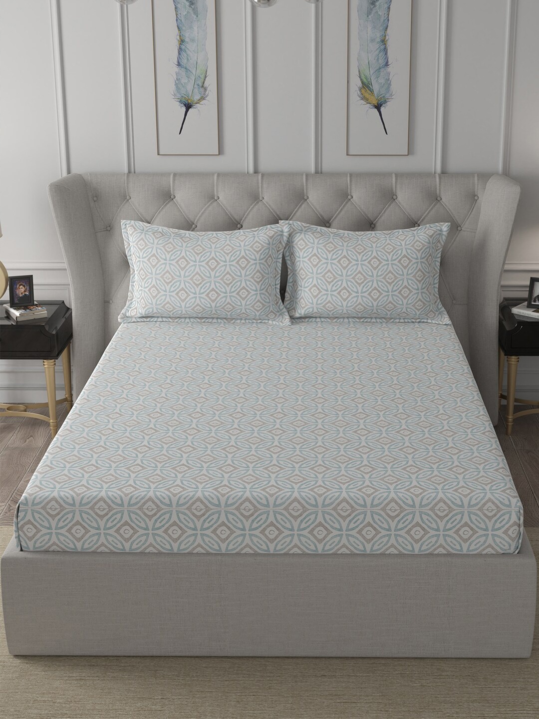 

In-House by maspar Blue Ethnic Motifs Printed 200 TC Queen Bedsheet with 2 Pillow Cover, White