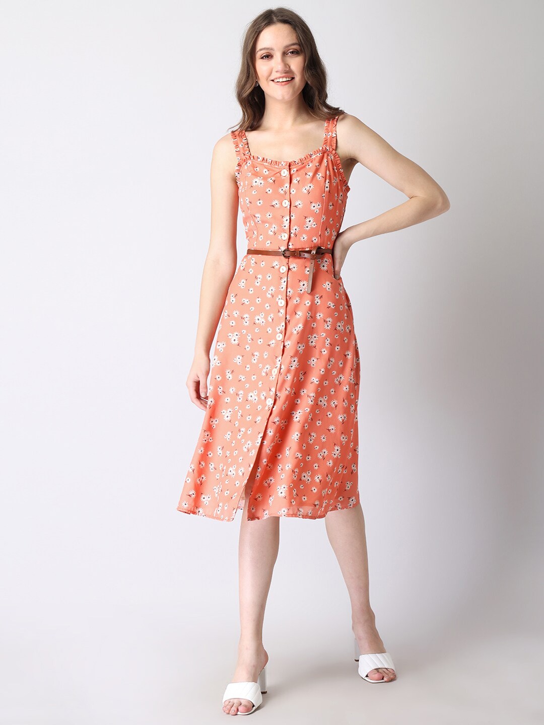

FabAlley Women Orange Floral Georgette A-Line Dress