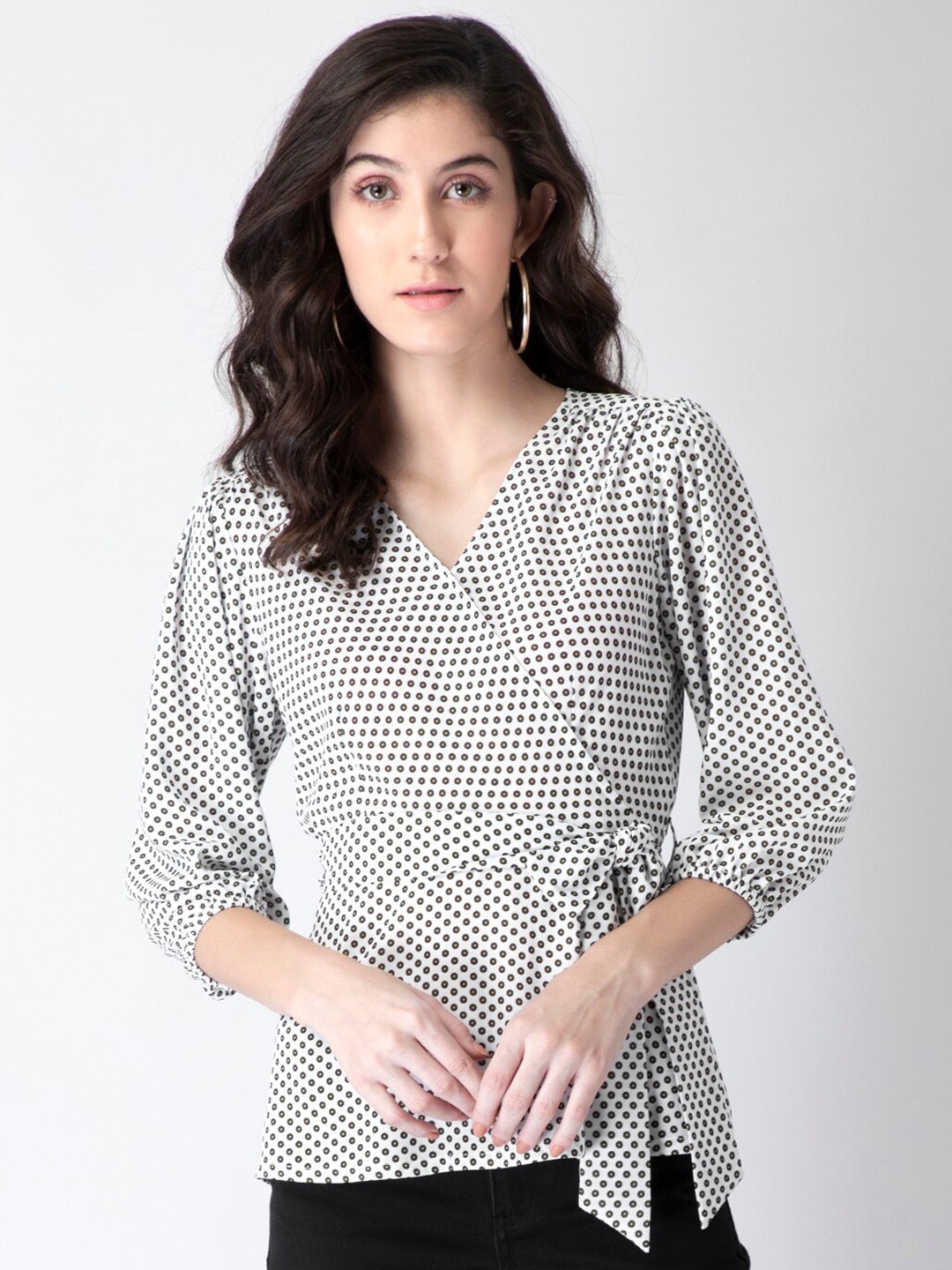 

FabAlley White Geometric Print Georgette Wrap Top