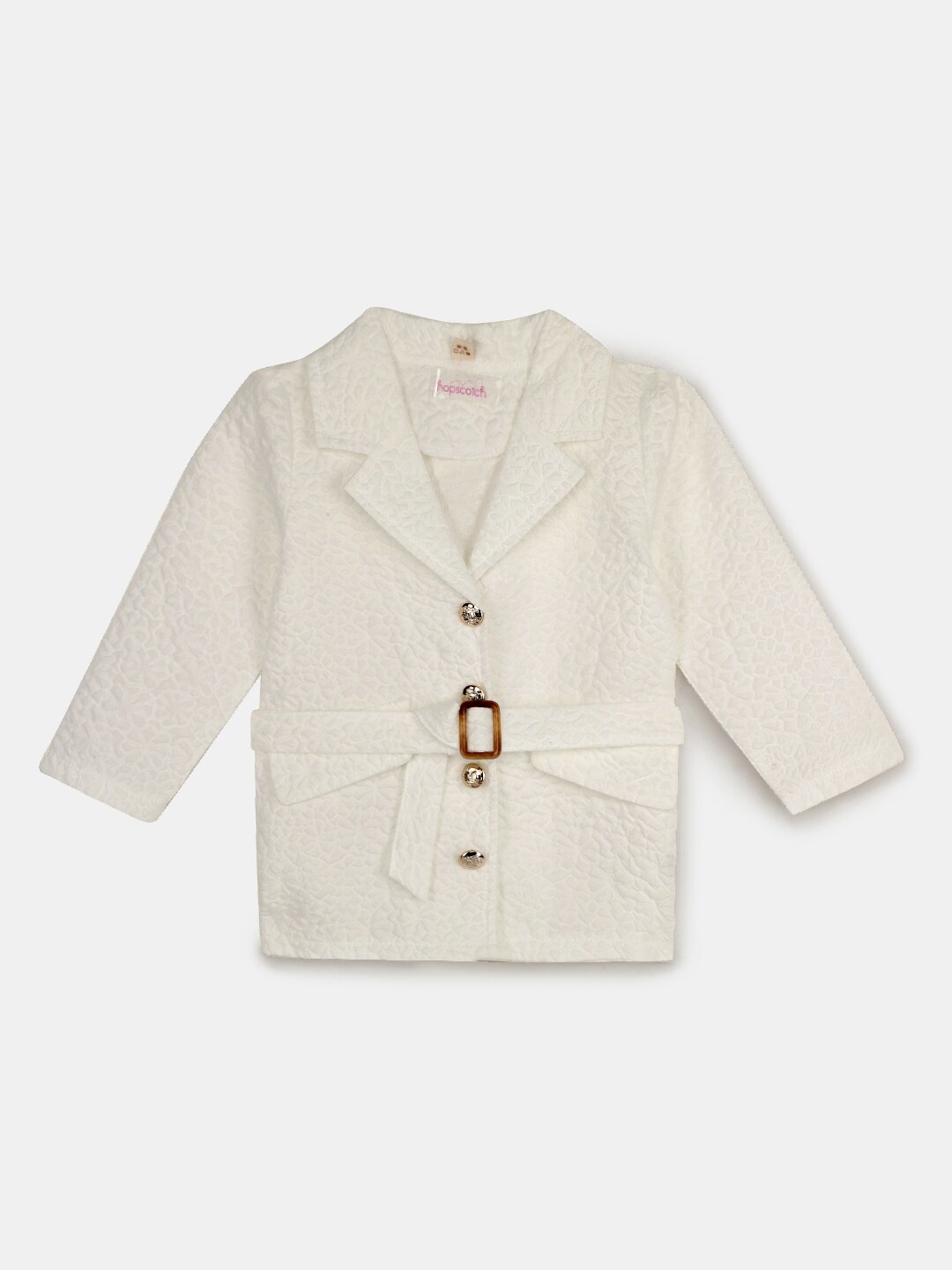 

Hopscotch Girls White Self Design Trench Coat