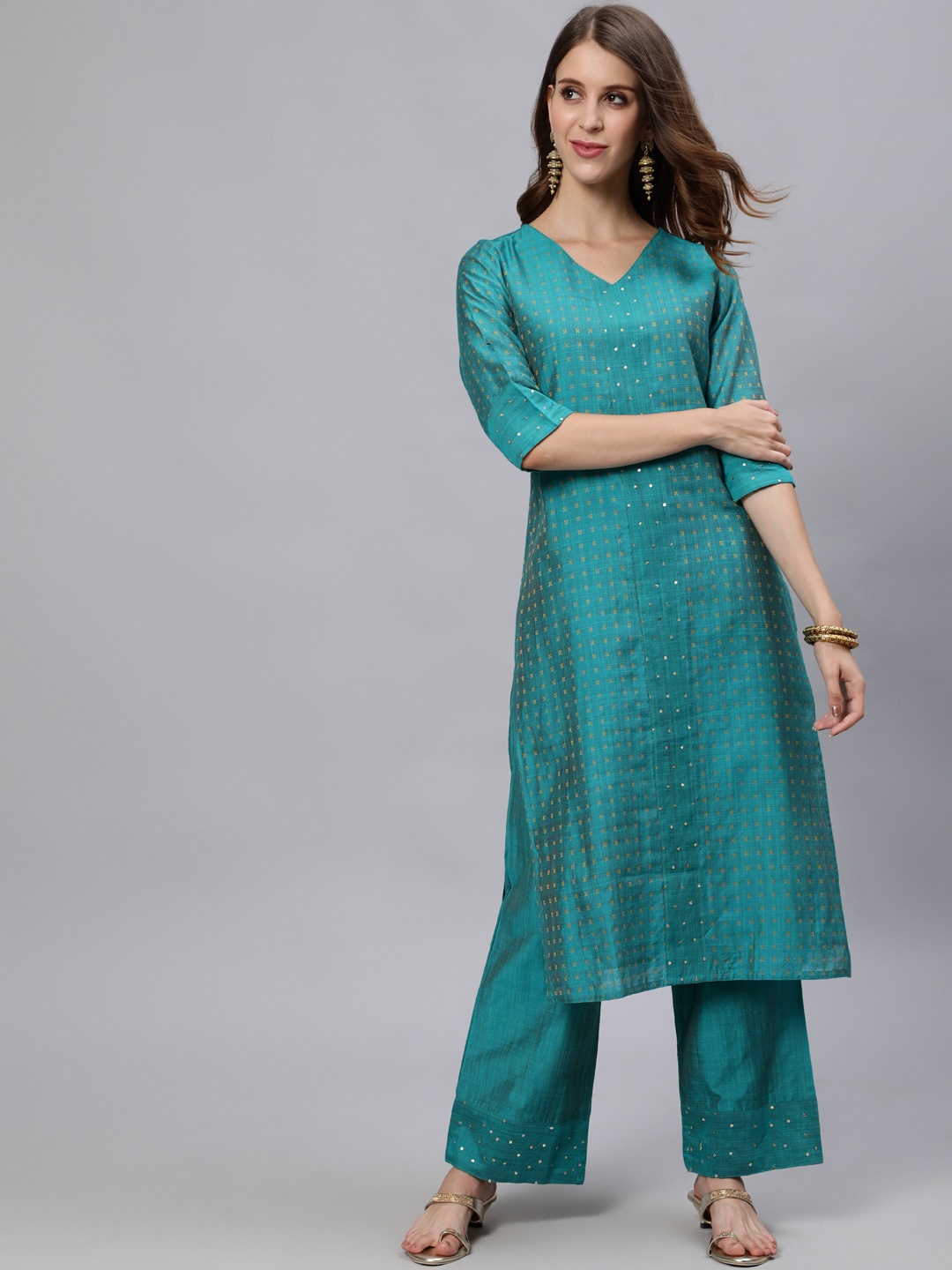 

Jaipur Kurti Women Turquoise Blue Chanderi Silk Kurta with Trousers