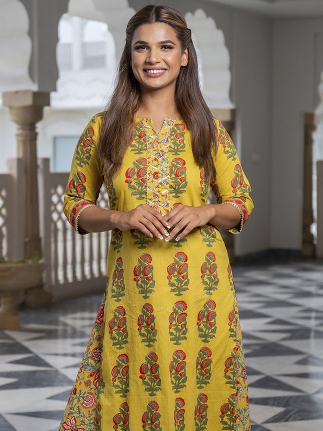 

Jaipur Kurti Floral Print Straight Kurta With Skirt, Mustard
