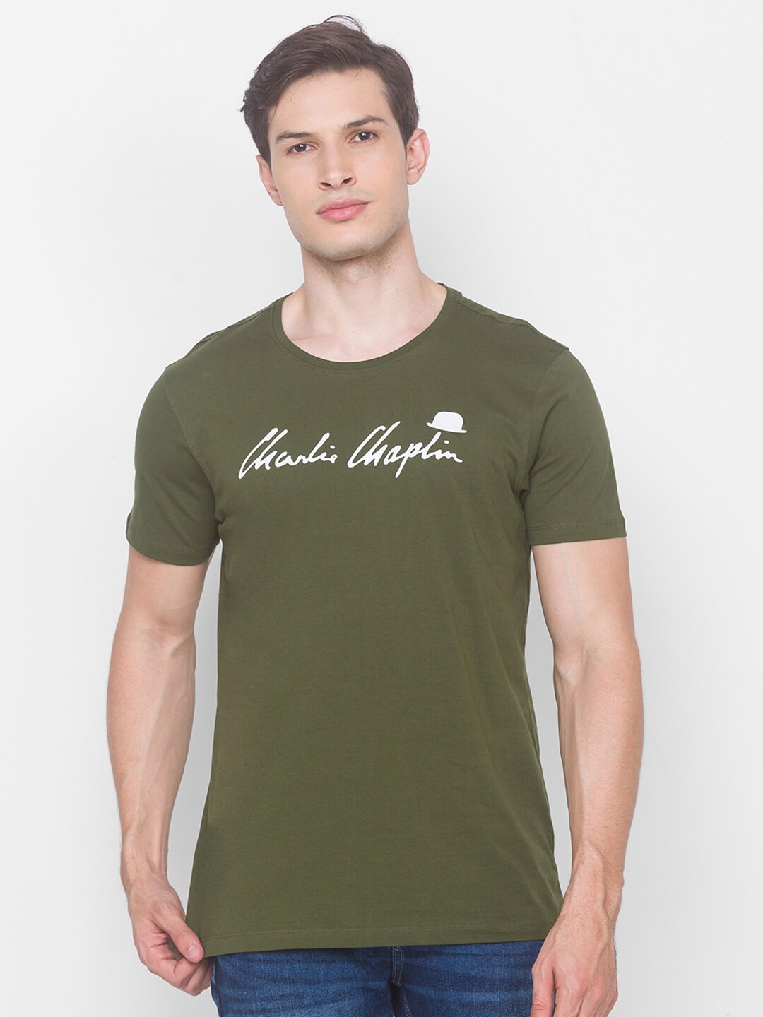 

SPYKAR Men Olive Green & White Charlie Chaplin Printed Slim Fit Cotton T-shirt
