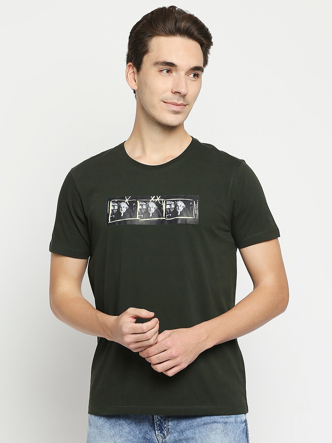 

SPYKAR Men Olive Green Printed Slim Fit T-shirt