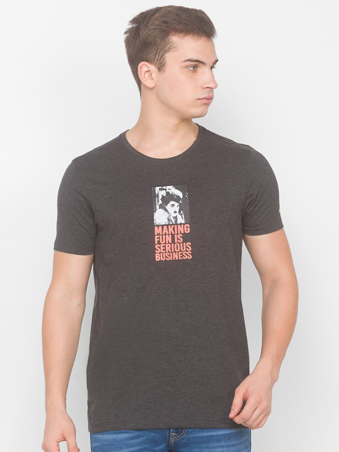 

SPYKAR Men Grey Melange Printed Slim Fit T-shirt