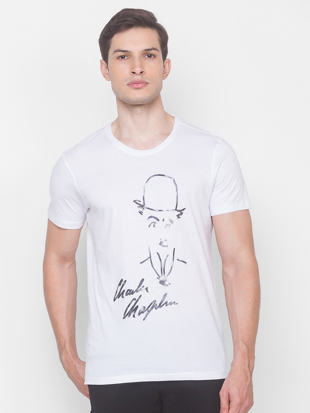 

SPYKAR Men White Charie Chaplin Printed Slim Fit T-shirt