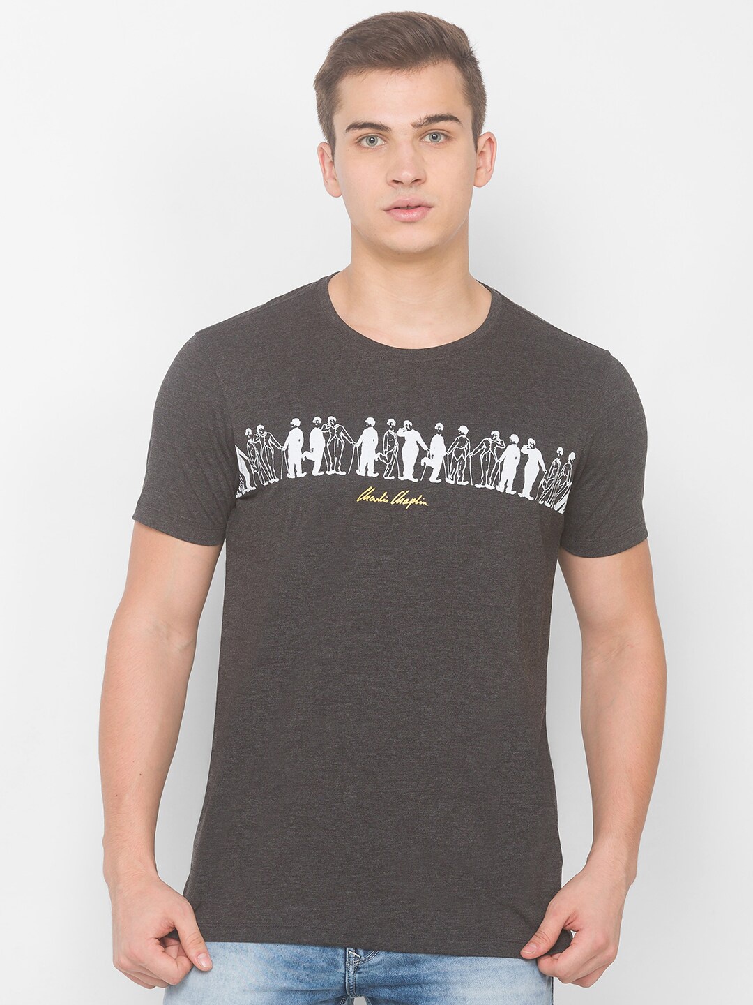 

SPYKAR Men Grey Melange Charie Chaplin Printed Slim Fit T-shirt