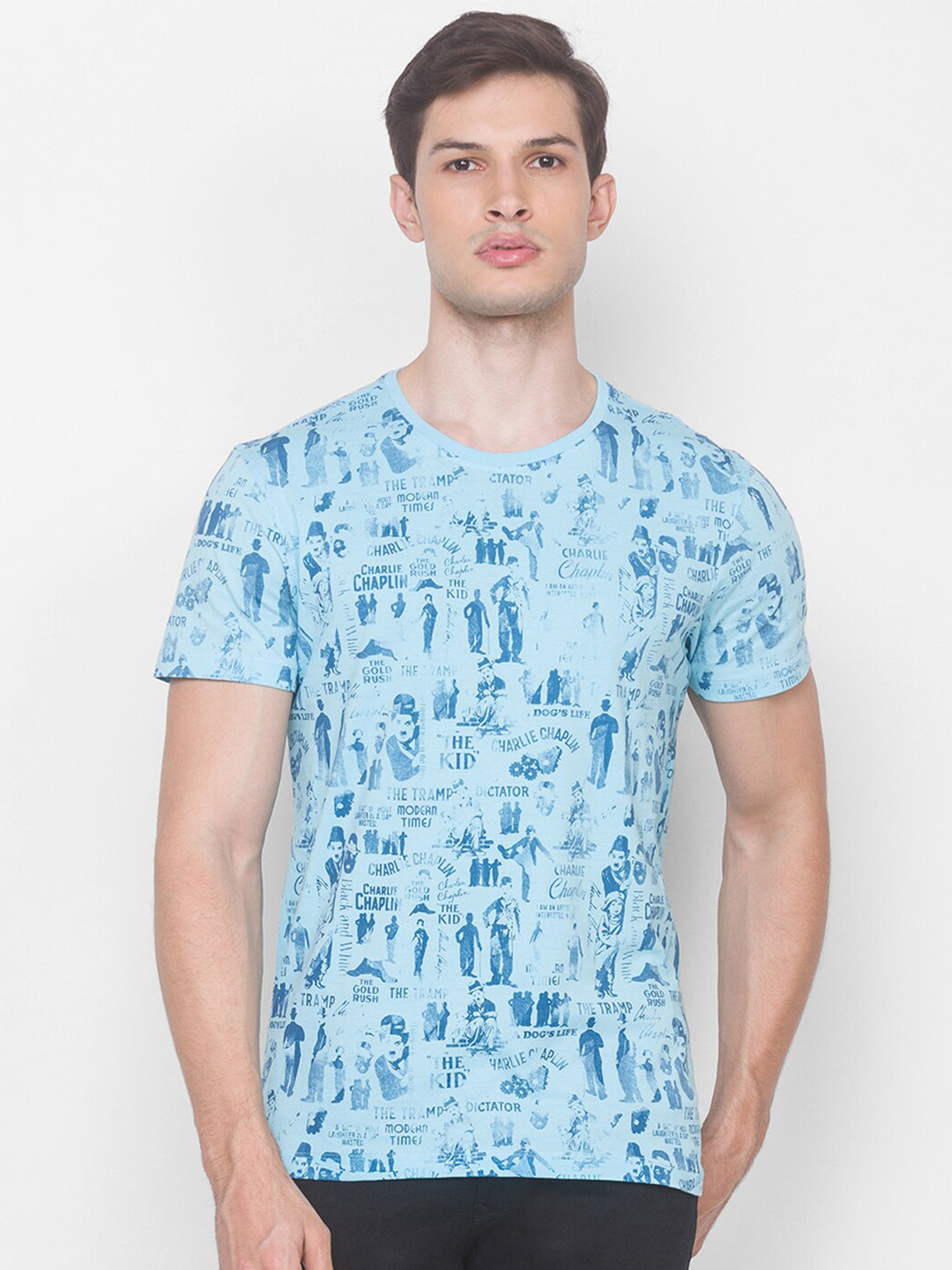 

SPYKAR Men Blue Printed Raw Edge Slim Fit T-shirt